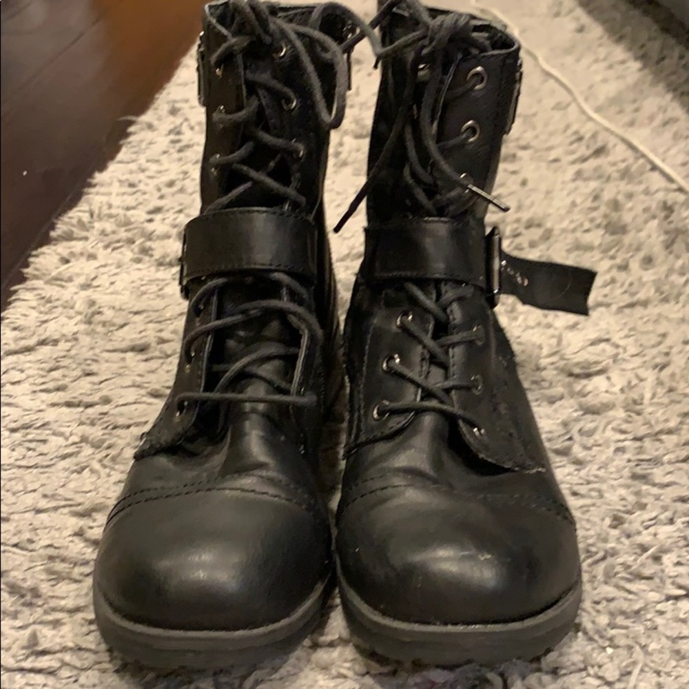 Bamboo Black Combat Boots with Silver Buckles
